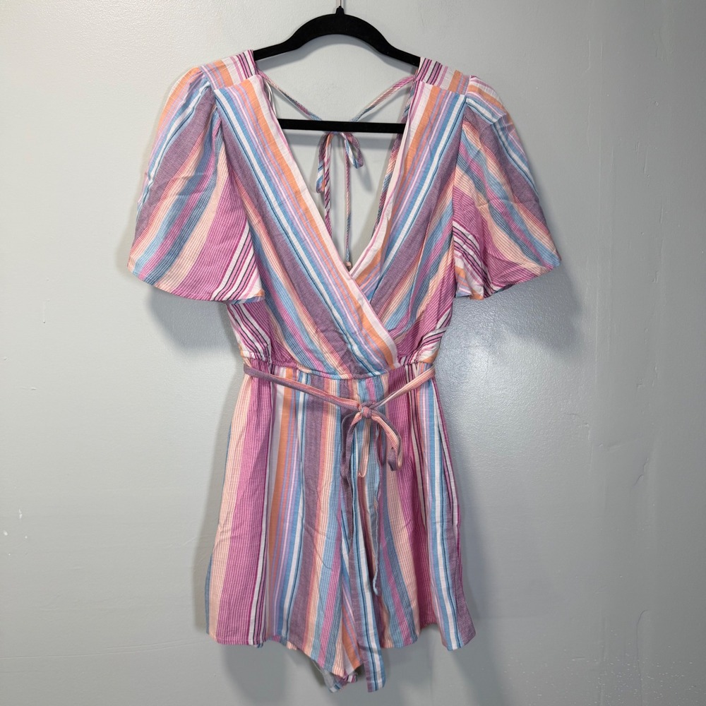 Blue Rain Francesca's Striped Surplice Lightweight Lined Romper XS Pink Blue